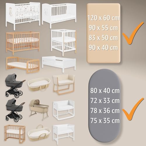 Pram Fitted Sheets Set of 3: 35 x 75 cm - 2 Sheets + 1 Waterproof Mattress Protector - Accessories for Cot Co-Sleeping Pram 35 x 75