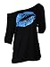 Smile Fish Women Casual Oversized Sexy Lips Print Off Shoulder T-Shirt (S, Blue)
