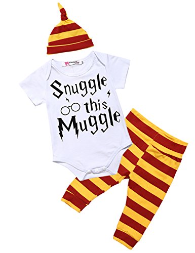 Gprince Baby Boys Girls Snuggle this Muggle Short Sleeve Bodysuit and Striped Pants Outfit with Hat