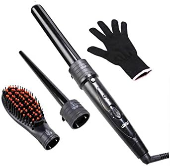 3 in 1 Curling Iron Set with 2 Interchangeable Curling Wand Ceramic Barrels and Hair Straightening Brush and Heat Protective Glove For Women Men Kids