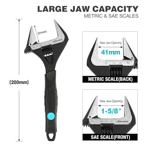 DURATECH 8-Inch (200 mm) Adjustable Wrench, Wide Jaw Large Opening Black Oxide Finish Plumbing Basin Wrench, Hand Repair Tool, Cr-V Steel, SAE and Metric Scale Marked, Ergonomic Grip