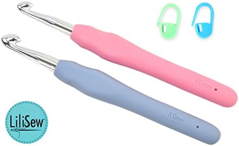 Crochet Hooks by LiLiSew0153; 7, 8 mm Sizes (K & L Needles). Ergonomic Crochet Hook Set of 2 Case w/Stitch Markers. Best Christmas Gift . Smooth Aluminum Needle, Comfort Grip 4 Pain Free Crocheting.