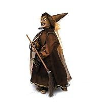 PICOOO 18" Halloween Decoration Animated Standing Sound Activated Witch Dressed Up with a Broom Haunted House Prop Decor (Brown)