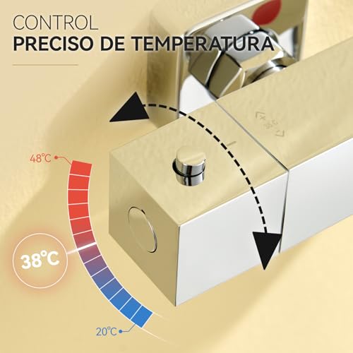 Auralum Grifo Termostático de Ducha, Cuerpo Frío Antiquemaduras con Botón de Seguridad 38°C, Mezclador Termostático de Pared, Cartucho Antical, Centros Ajustables 135-165 mm, Salida G1/2'', Cromo