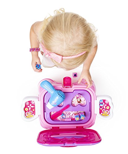 Next Milestones Girls Vanity Makeup and Stool Seat with Jewelry Toy Set, Hair Dryer with Sound, Hair Brush, Necklace, Lipstick, Nail Polish, Mirror and more