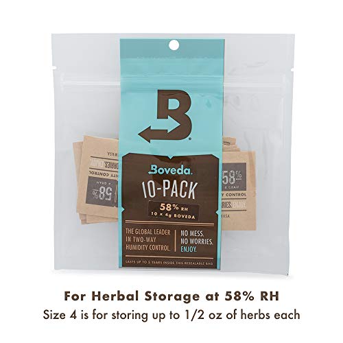 Boveda for Herbal Storage | 58% RH Humidity Control Pack | Size 4 for Use with Up to 1/2 Ounce (15 Grams) | Prevent Terpene Loss Over Drying and Molding | 10-Count Resealable Bag
