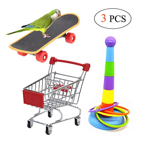 3PCS Parrot Toys Mini Shopping Cart Training Rings Skateboard Stand Perch for Budgie Parakeet Cockatiel Conure Lovebird