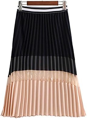 Naomiky Women Sweet Lace Patchwork Pleated Skirt Elastic Waist Faldas Mujer Vintage Ladies Casual Chic Mid Calf Skirts BSQ744 as Picture L
