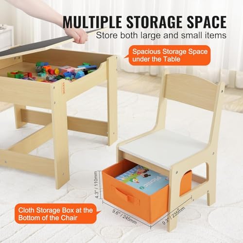 AM ANNA Kids Table and Chair Set, 3 in 1 Wooden Activity Table with Storage Drawer for Toddlers Drawing, Playroom,Reading, Crafts, 2 in 1 Detachable Tabletop Table Set for Nursery, Playroom (Beige)