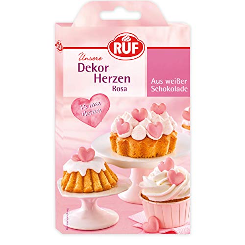 RUF Dekor-Herzen rosa aus weißer Schokolade, essbare Dekoration für Kuchen und Torten, Schoko-Herzen, 15 Stück