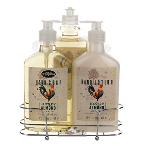 Liquid Soap & Lotion Kitchen Caddy: Tri Coastal Design Silver Wire Sink Basket Set - Honey Almond Dish Soap, Hand Soap, and Lotion - 13.5 Fluid Ounces