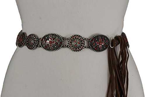 TFJ Women Fashion Brown Tie Belt Bohemian Vintage Silver Metal Charms Red Flower S M