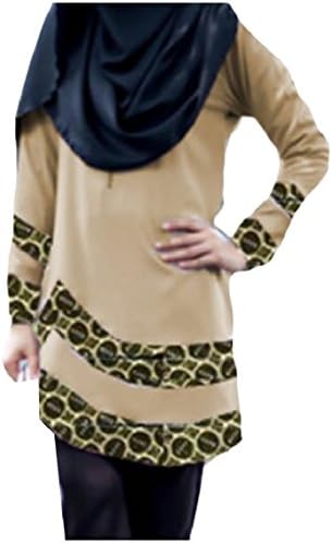 Mfasica Women Muslim Stitch Long Sleeve Islamic Floral Spring Tops Blouses