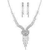 Yazilind Shining Clear Crystal Silver Plated Bridal Jewelry Sets Y-Shaped Necklace and Earrings