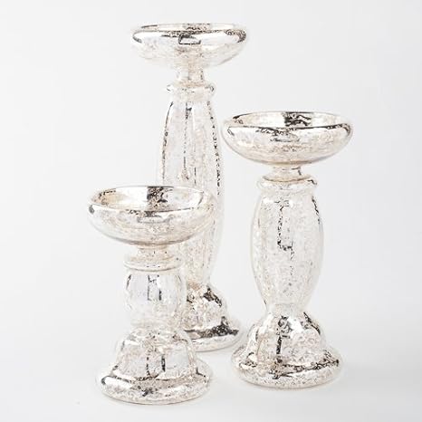 Amazon Com Eastland Unique Mercury Glass Pillar Candle Holder Set Of 3 3 Sizes Home Kitchen