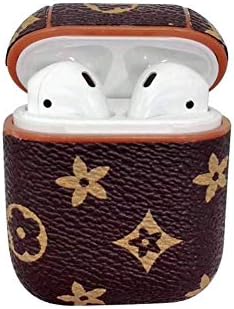 Parkho Airpods Case Keychain, Leather AirPod Charging Protective Case Cover for Airpods Earphones Accessories Great Gift (Flower Brown)