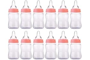 OOKI- 12 Pieces 4.25-Inches Baby Bottle Shower Favor,Mini Plastic Candy Bottle,Boy Girl Newborn Baby Baptism Birthday Party Decor (Pink)