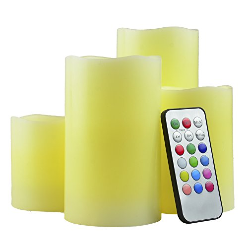 Flameless LED Illumicandle - 4 Nonflammable Wax Battery Operated Pillar Electric Candles - Multi Function Remote Control with Timer - Color Changing / Light Mode Options - Unscented Safe Indoor Candle