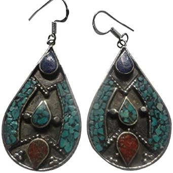 Ethical Coral Turquoise Inlaid Tribal Earrings