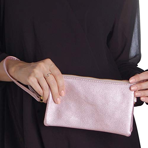 Humble Chic Vegan Leather Small Crossbody Bag or Wristlet Clutch Purse, Includes Adjustable Shoulder and Wrist Straps, Rose Gold, Metallic Pink - Thumbnail 4