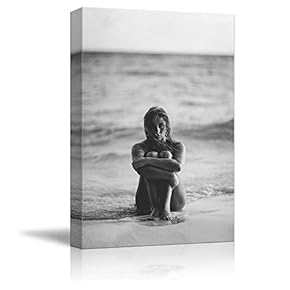 Canvas Wall Art Girl on The Beach Black Painting Artwork for Home Decor Framed - 12x18 inches