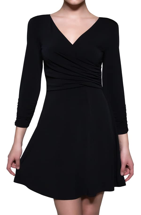 SHENDEL Dresses for Women UK Coctail Dress Solid Color V Neck Long Sleeve Pleated Casual Fit and Flare Dress Swing Short A Line Mini Dress - Black