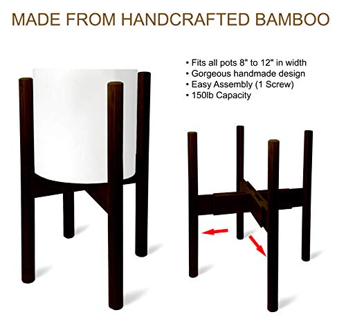 Mid Century Adjustable Plant Stand - Stunning Natural Bamboo - Fits All Widths 8 to 12 inches - 150lb Capacity (Dark Bamboo)