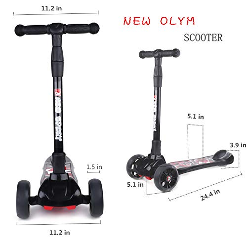 New Olym Kids Scooter for Boys and Girls 3 Flashing Wheels,Foldable with 4 Adjustable Height|All-Covered Brake Great for Toddlers Ages 3-14 Years Black