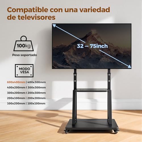 HUSEYTA Soporte para TV móvil con Ruedas, Base para televisor de 32 a 75 Pulgadas, Altura Ajustable, pie con Capacidad de Carga 100 kg, Bandeja MAX 30 kg, VESA 600x400mm