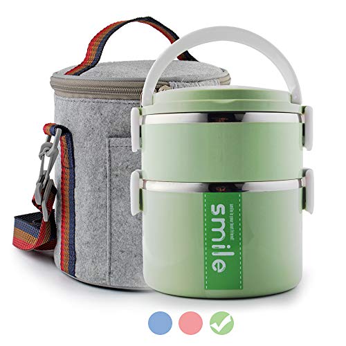 Themral Lunch Box, Arderlive Stackable Insulated Stainless Steel Lunch Container With Portable Lunch Bag, Large Capacity with microwarable container & spoon. (2 tier,green)