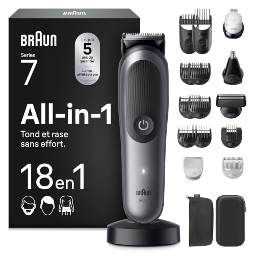 Braun Tondeuse Electrique Tout-En-Un Pour Hommes Series 7 AIO7585, Gris, Kit 18-En-1 Avec Lame ProBlade Et 8 Sabots, Coffret De Rasage Avec Accessoires, Conçue Pour Raser Barbe, Cheveux Et Corps