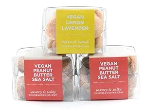 Thumbs Cookies Variety Pack of Fresh Baked Vegan Cookies in 3 Boxes - 2 Boxes Vegan Peanut Butter Sea Salt, 1 Box Vegan Lemon Lavendar - 1 lb. Cookie Gift Box