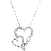 ALESSANDRA BETTINI Women’s Double Heart MOM Pendant Necklace in 925 Sterling Silver, 0.070 Cttw Natural Diamonds, Elegant Jewelry Gift for Mothers, Birthdays, Anniversaries, Everyday Wear & Special Occasions