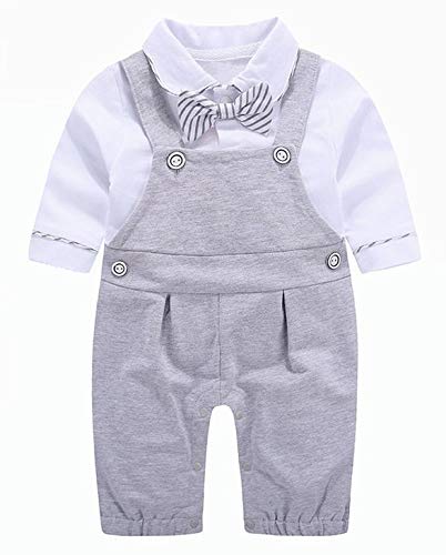 Baby Brielle 2-Piece Stuffed Cat Plush Toy and Matching Tuxedo with Overalls and Bow Onesie Romper for Infant and Toddler Gift Set for Boys Grey - Thumbnail 2