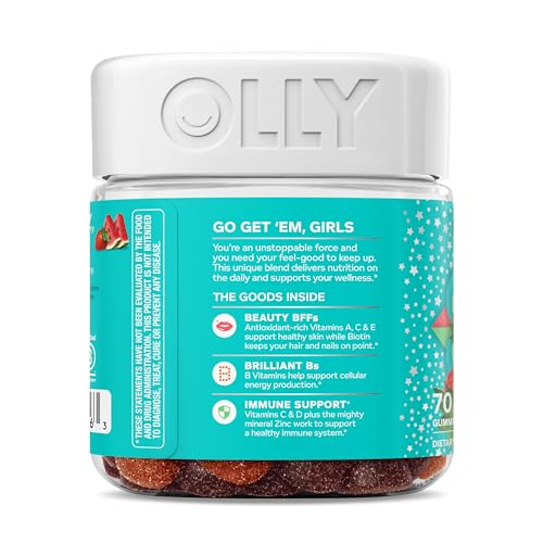OLLY Teen Girl Multi Gummy, Healthy Skin and Immune Support, 15 Essential Vitamins, Biotin, Zinc, Calcium, Chewable Multivitamin, Berry Melon, 35 Day Supply - 70 Count