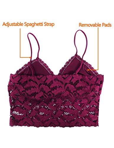 BETITETO Womens Floral Lace Bralette Wirefree Bra Removable Pads Adjustable Strap for Youths A-C Cups (Wine Red, Small(30AB 32AB))