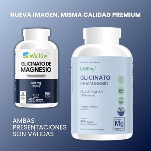 Wellthy Glicinato de Magnesio 400 Cápsulas 432mg. 100% Natural, 100% Puro, Alta Absorción, Cápsulas Veganas.