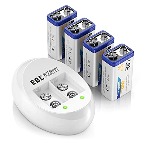EBL 4Pack 9V Batteries Liion 9 Volt Rechargeable Batteries with 9V