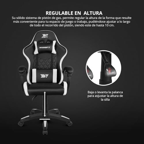 DR35 - Silla Profesional, Polipiel, Reposabrazos Acolchados, Pistón Clase 3, Base Nylon Reforzada, Asiento basculante, Altura Regulable, Cojín Lumbar/Cervical, Negro/Blanco