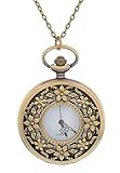 Godagoda Womens Antique Bronze Color Round Pocket Watch Hollow Flower Engraved with Link Chain 79cm