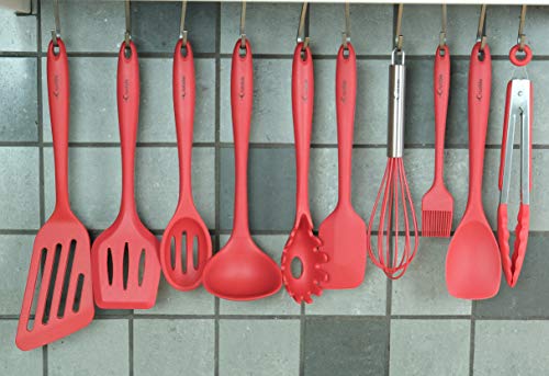 Utensils Set, 12-Piece Complete Silicone Baking & Cooking Kitchen Tools Set, Cookware Set, BBQ, Kitchen Gadgets - Red - Utensilios de Cocinas - Thumbnail 4