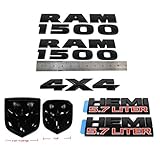 Set OEM New RAM 1500 Emblem Grille Rear Tailgate Badge 5.7 Liter Hemi Emblem 3D Nameplate Replacement for Ram 1500 2013-2018 Black 7pcs