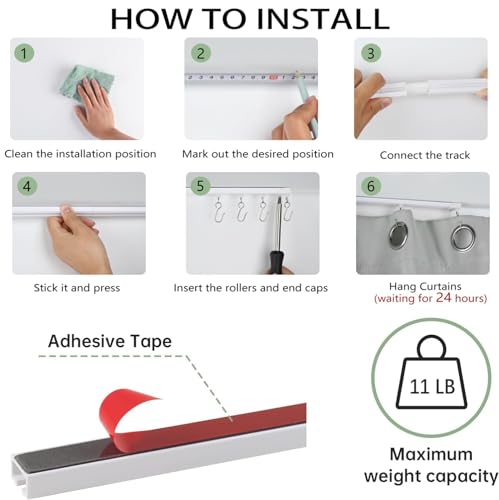 MAKINGTEC Self Adhesive Ceiling Or Wall Curtain Track No Drill Curtain Rod 3M, No Damage Curtain Track Hangers, Adhesive Curtain Rod For Windows Cabinet Closet Bathroom Shower Curtain