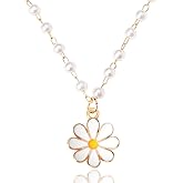 White Pearl Daisy Pendant Necklace for Women - Boho Sunflower Pearl Chain Necklace - Daisy Themed Birthday Gifts