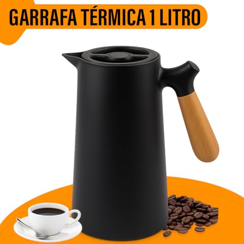 Garrafa Térmica Café 1 Litro Preta YAB Cabo de Madeira C/Botão Nórdica