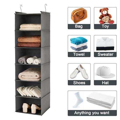 MAX Houser 6 Tier Shelf Hanging Closet Organizer, Closet Hanging Shelf with 2 Sturdy Hooks for Storage, Foldable (Grey)