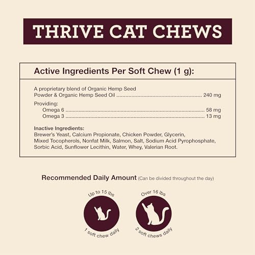 HEMP WELL THRIVE CAT SOFT CHEWS – 60 COUNT, EVERYDAY SUPPLEMENT FOR OVERALL HEALTH, SUPPORTS HIP, JOINT, HEART HEALTH, ORGANICALLY SOURCED, OMEGA 3 FOR CATS, NATURAL CAT TREATS & SUPPLEMENTS