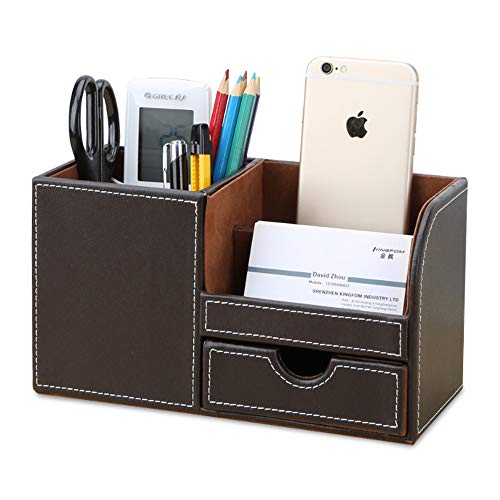 KINGFOM 4 scomparti Multifunzionale Portaoggetti da scrivania/Organizzatore di cancelleria/Portapenne da Scrivania/Organizer da scrivania/Portaoggetti da ufficio in Pelle PU (Marrone)