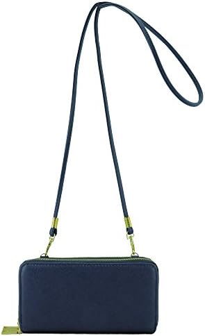 Multi-purpose Purse Organizer Double Zip Around Wallet with Crossbody Strap Navy