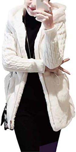 SUNKAKU Women’s Hooded Knitted Jacket, Faux Shearling Coat, Jacket, Outerwear, Fur Pocket, Sleeve Knit Winter